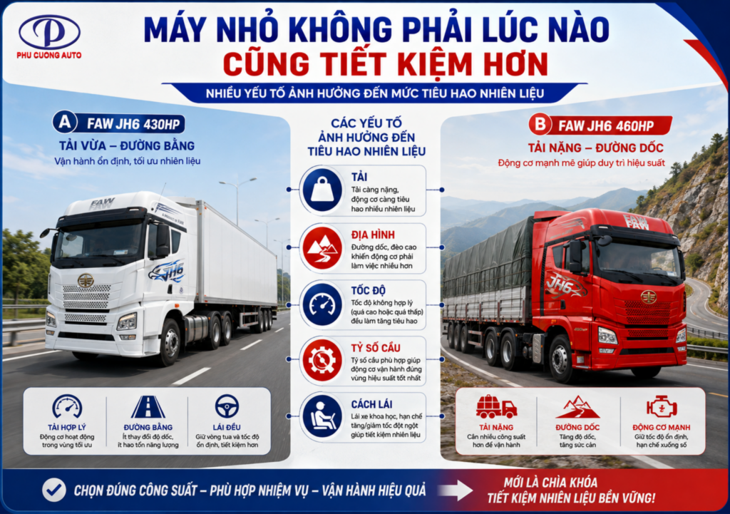 mức tiêu hao nhiên liệu FAW JH6 phụ thuộc tải và địa hình