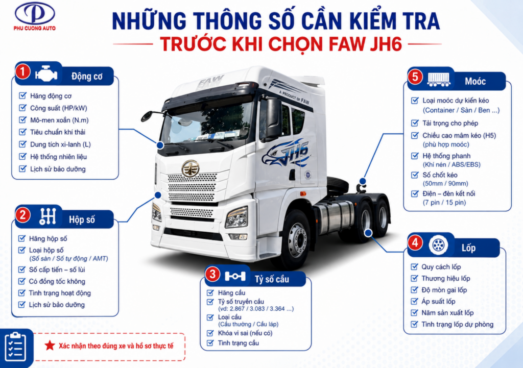 kiểm tra cấu hình đầu kéo FAW JH6 trước khi mua