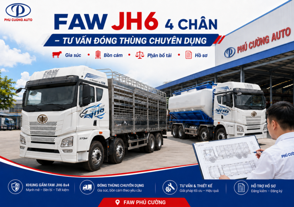 tư vấn đóng thùng FAW JH6 4 chân tại Ô Tô Phú Cường Tiền Giang