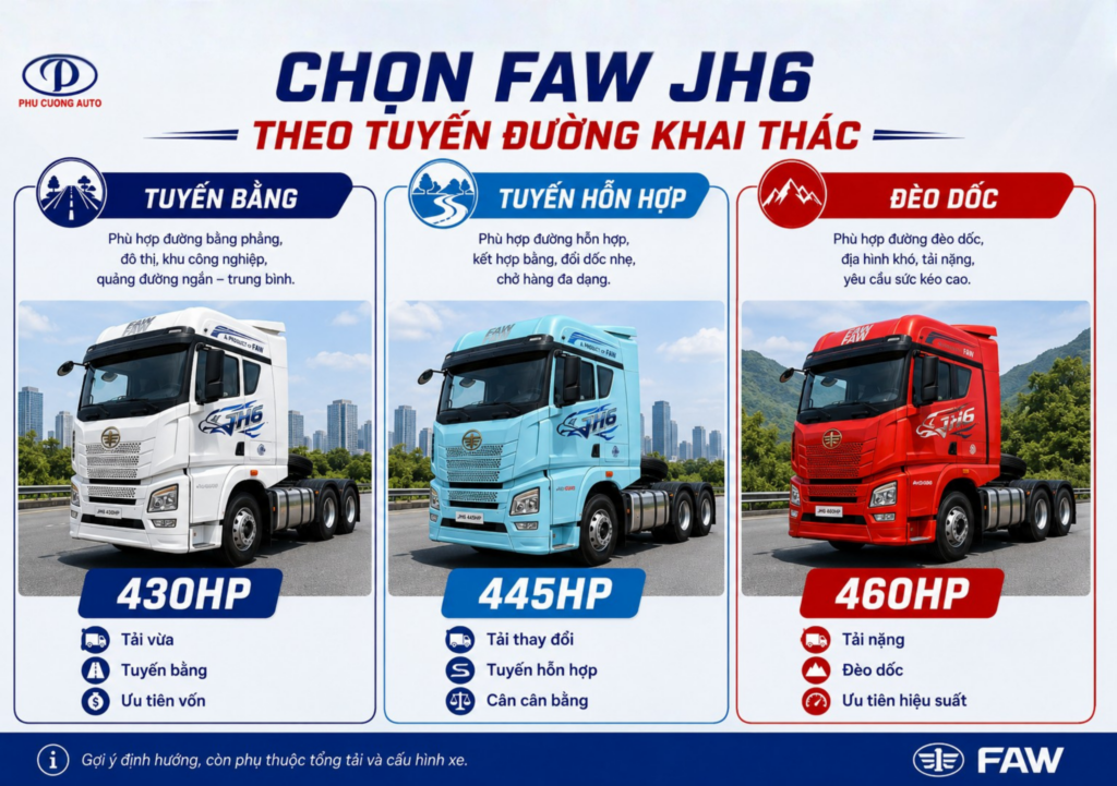 chọn công suất FAW JH6 theo địa hình vận hành