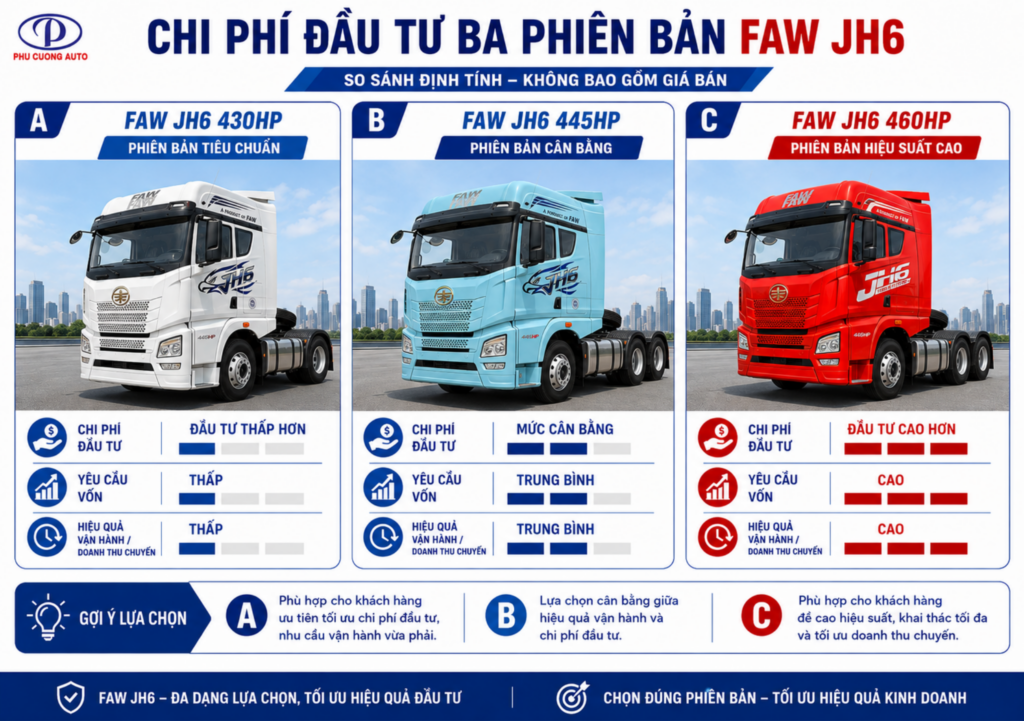 so sánh chi phí đầu tư FAW JH6 430HP 445HP 460HP