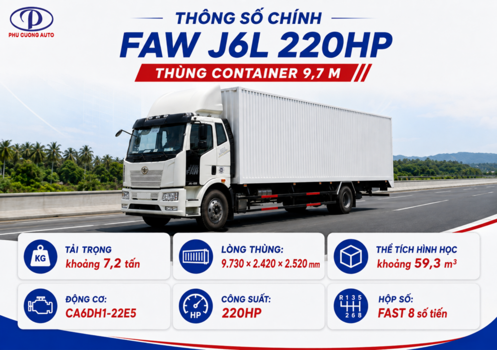 thông số xe tải FAW J6L 220HP thùng container 9m7