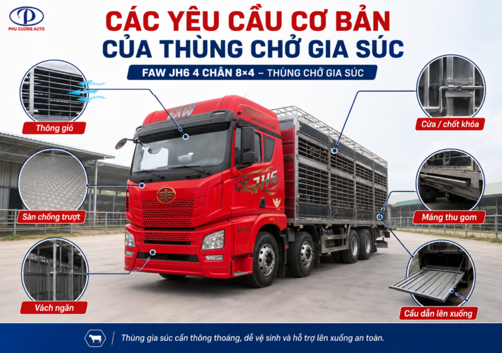 yêu cầu thùng chở gia súc FAW JH6 4 chân