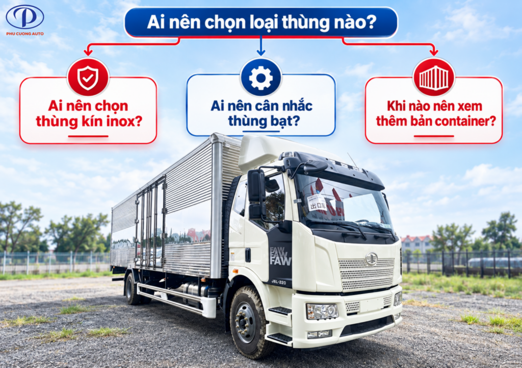 so sánh J6L thùng kín inox container thùng bạt